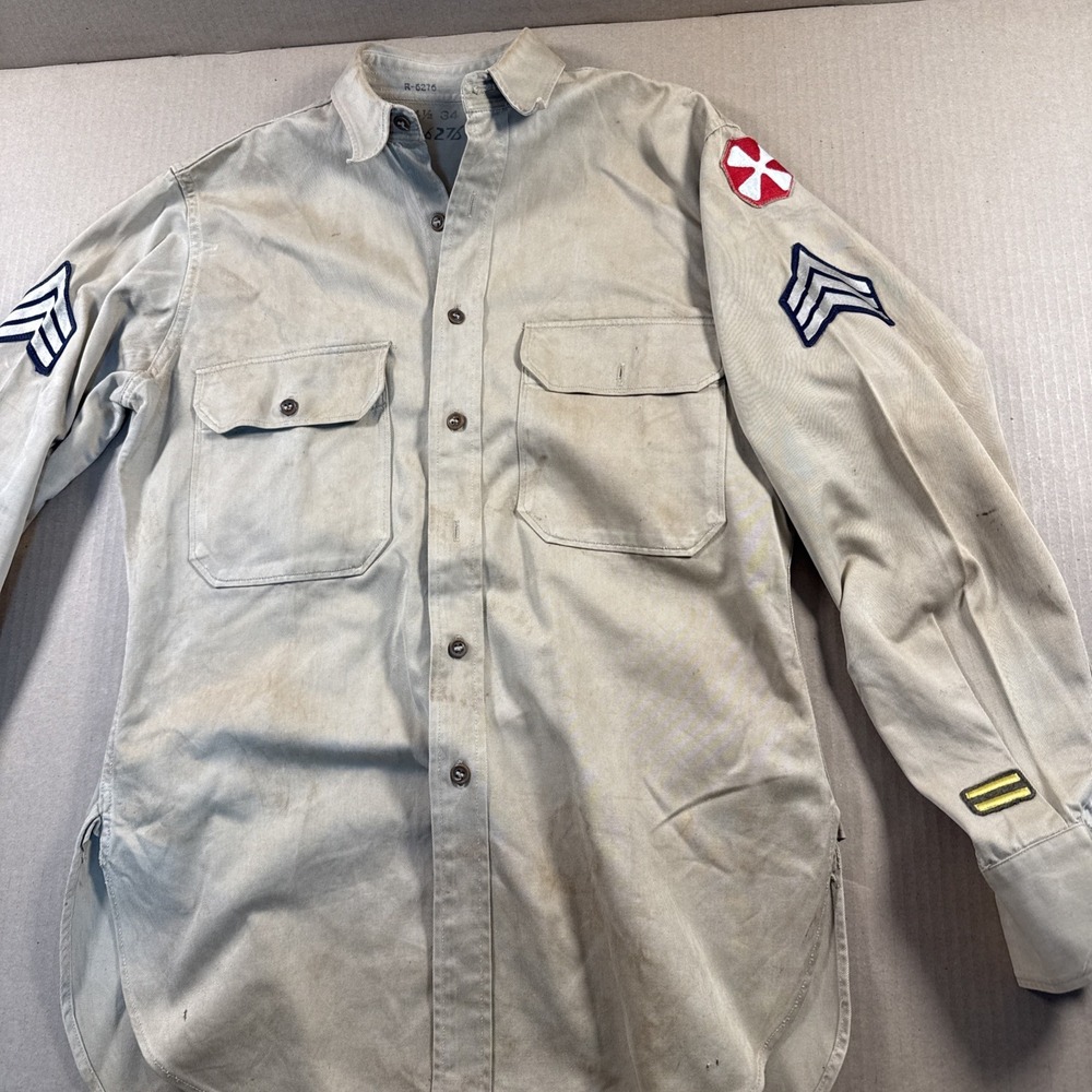 Vintage Kahki WWII Korean War Patch Chino Shirt 40s 50s Army Military